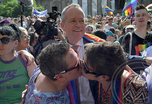 Australian Opposition leader Bill Shorten watches Jacki & Louise celebrate the SSM YES victory